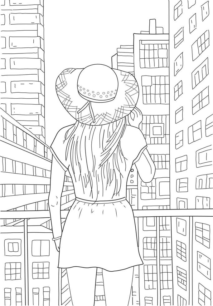 mano dibujo colorante para niños y adultos colorante libro imagen con hermosa chica, ciudad edificios, calle. hermosa dibujos con patrones y pequeño detalles. vector