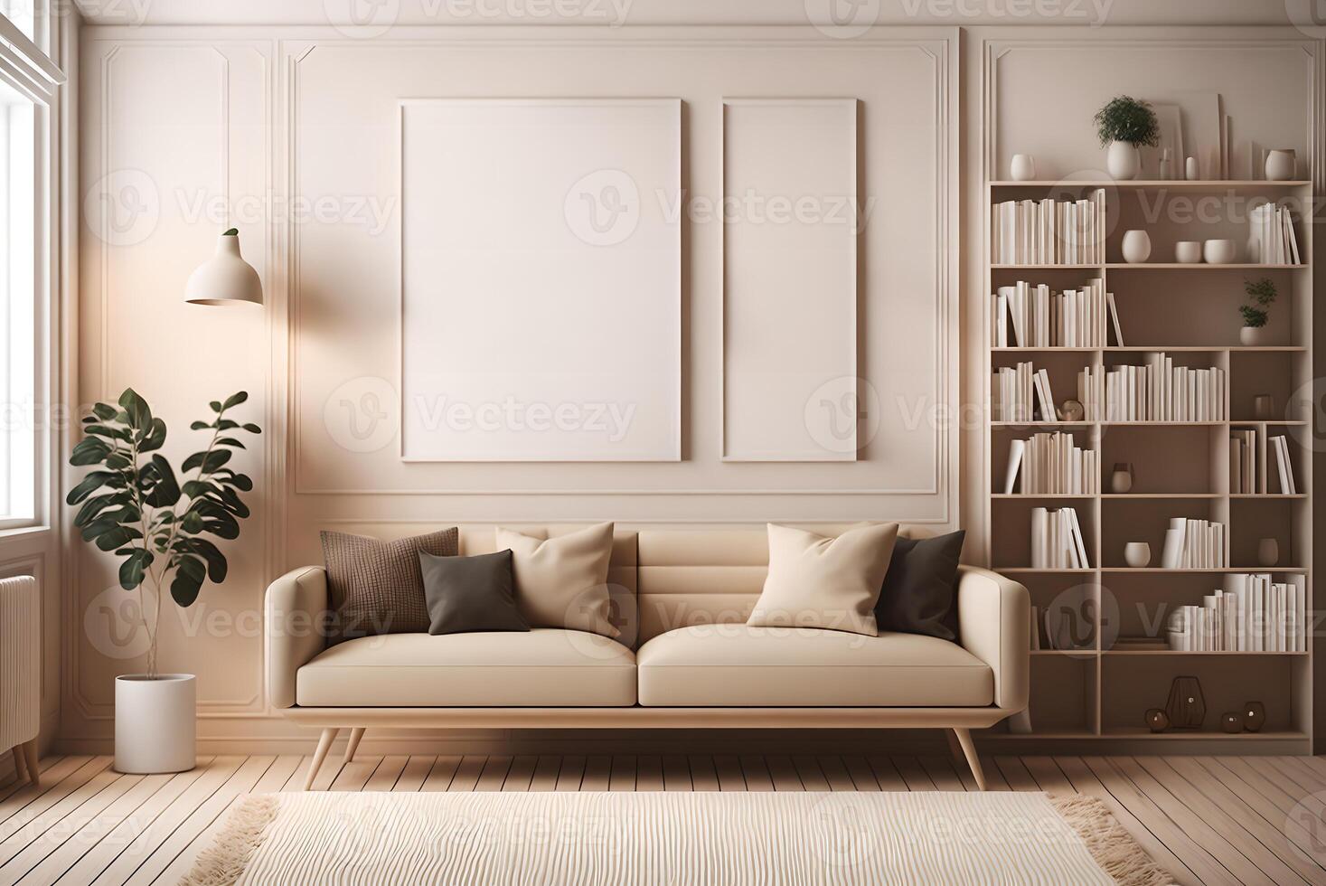 beige habitación interior con sofá, de madera estante para libros con libros y decoración, alfombra y parquet piso. Bosquejo blanco Copiar espacio marco póster, 3d representación, ai generado foto