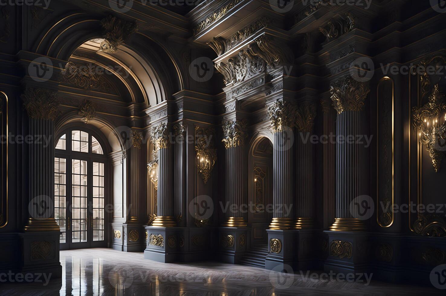 oro y negro barroco estilo portal de un palacio, columnas interior palacio diseño, ai generado foto
