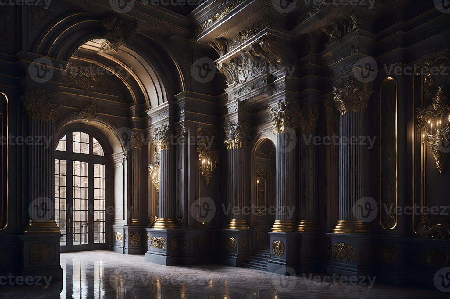 gold and black baroque style portal of a palace, columns interior palace design, photo