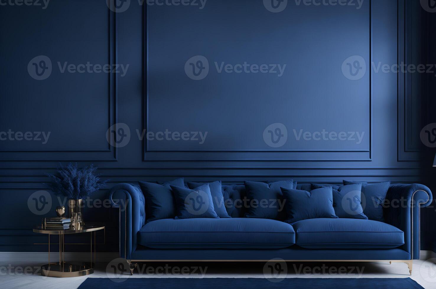 blue sofa in a living room on a blue wall, comfortable furniture interior design, photo