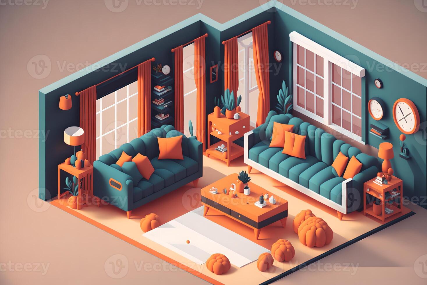 3d illustration isometric low poly living room cute design. room includes sofa, coffee table, windows, curtain, clock, frame and other furniture, photo