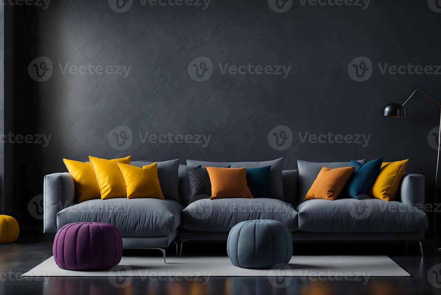 , large modern lounge with grey sofa and colourful cushions and pouffes photo