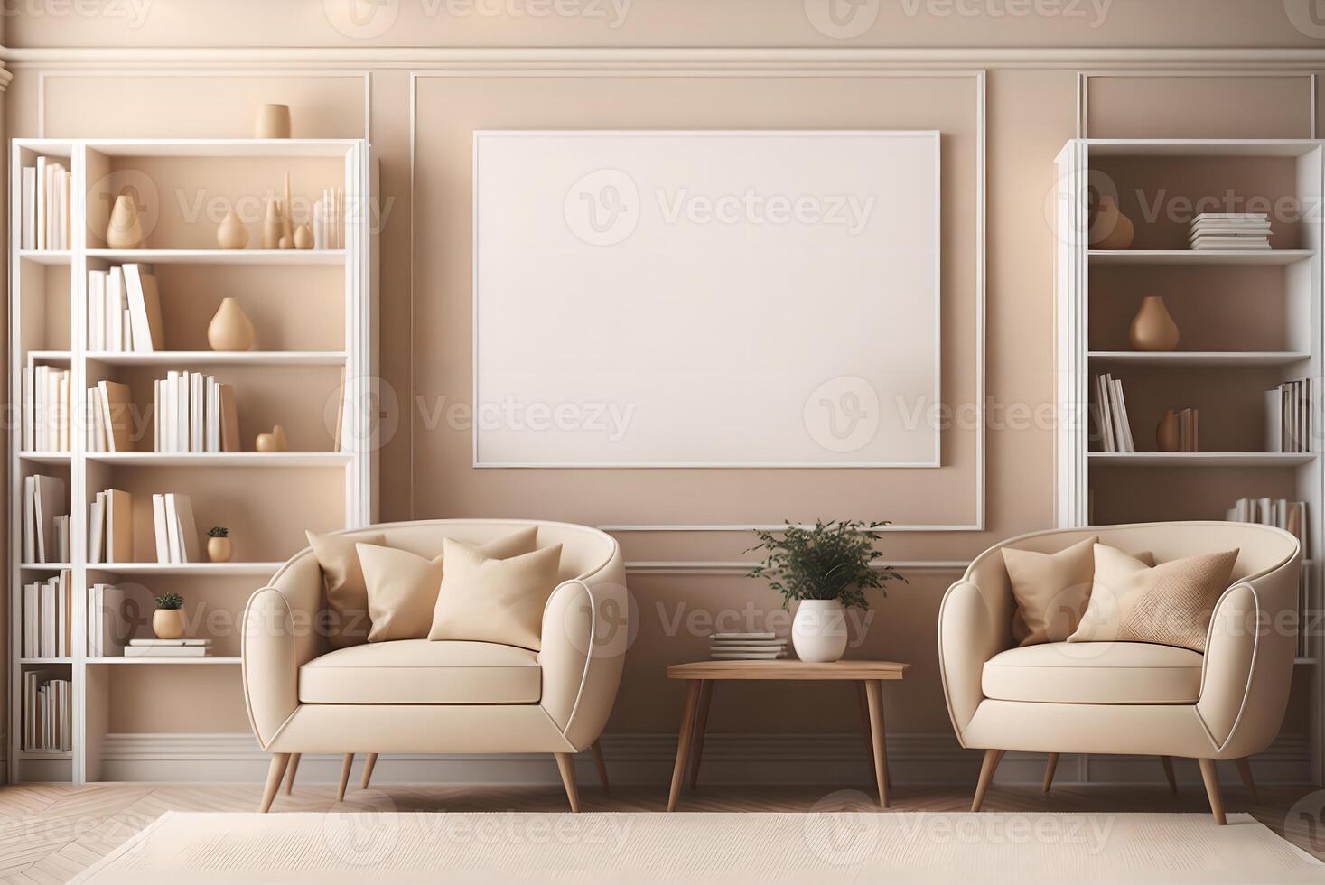 beige room interior with two armchairs, wooden bookshelf with books and decoration, carpet and parquet floor. mockup blank copy space frame poster, 3d rendering, photo