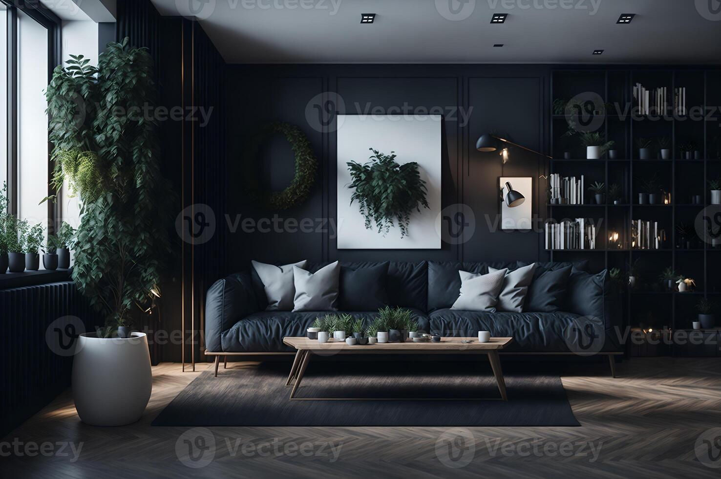 big living room in a fashion style, table rounded by a big blue sofa, planet in the house, interior furniture design, photo