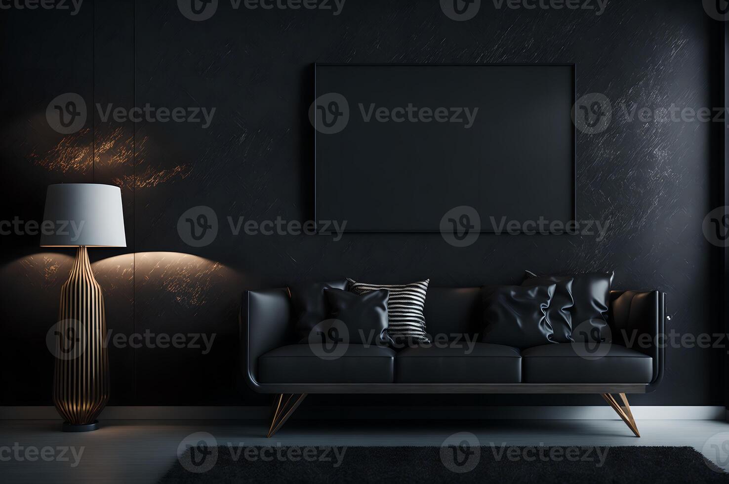 black leather sofa with pillows and light around on a black wall interior living room with the blank mockup, photo