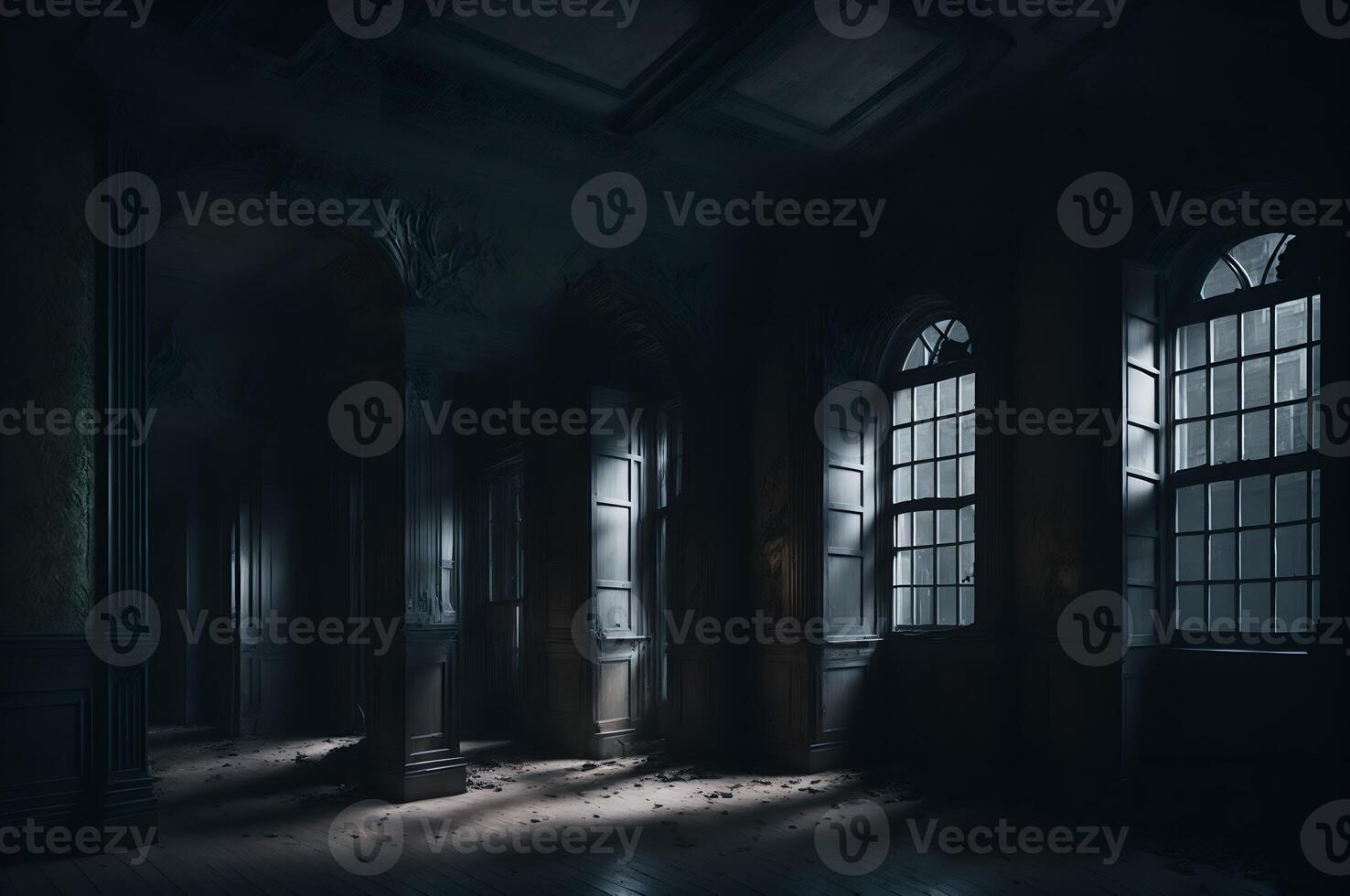 A haunted old building from the inside, a terrifying view with darkness and dim lights with windows, photo