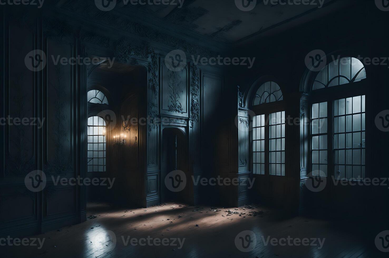 A haunted building from the inside, a terrifying view with darkness and dim lights, photo