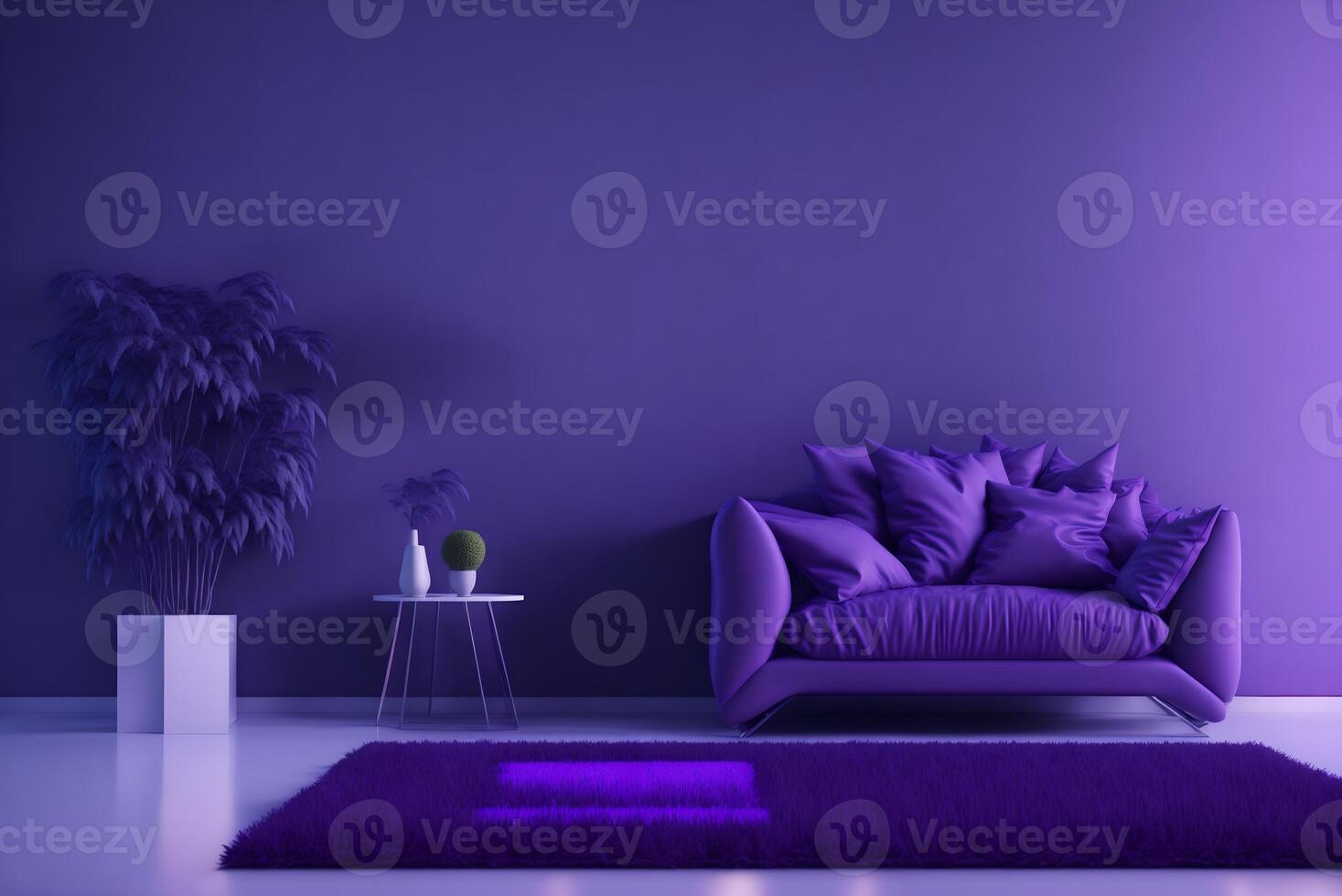 Modern living room design, Purple armchair on purple wall and white floor, 3d render, photo