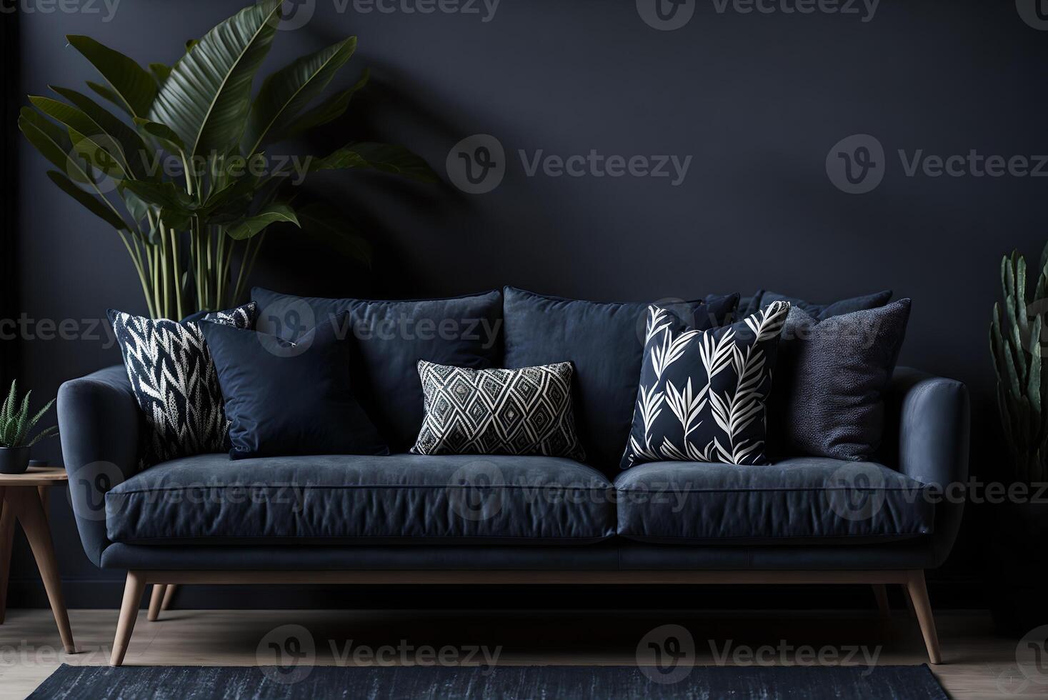 Patterned pillows on a sofa next to a wooden table and a plant in a glowy apartment interior, photo