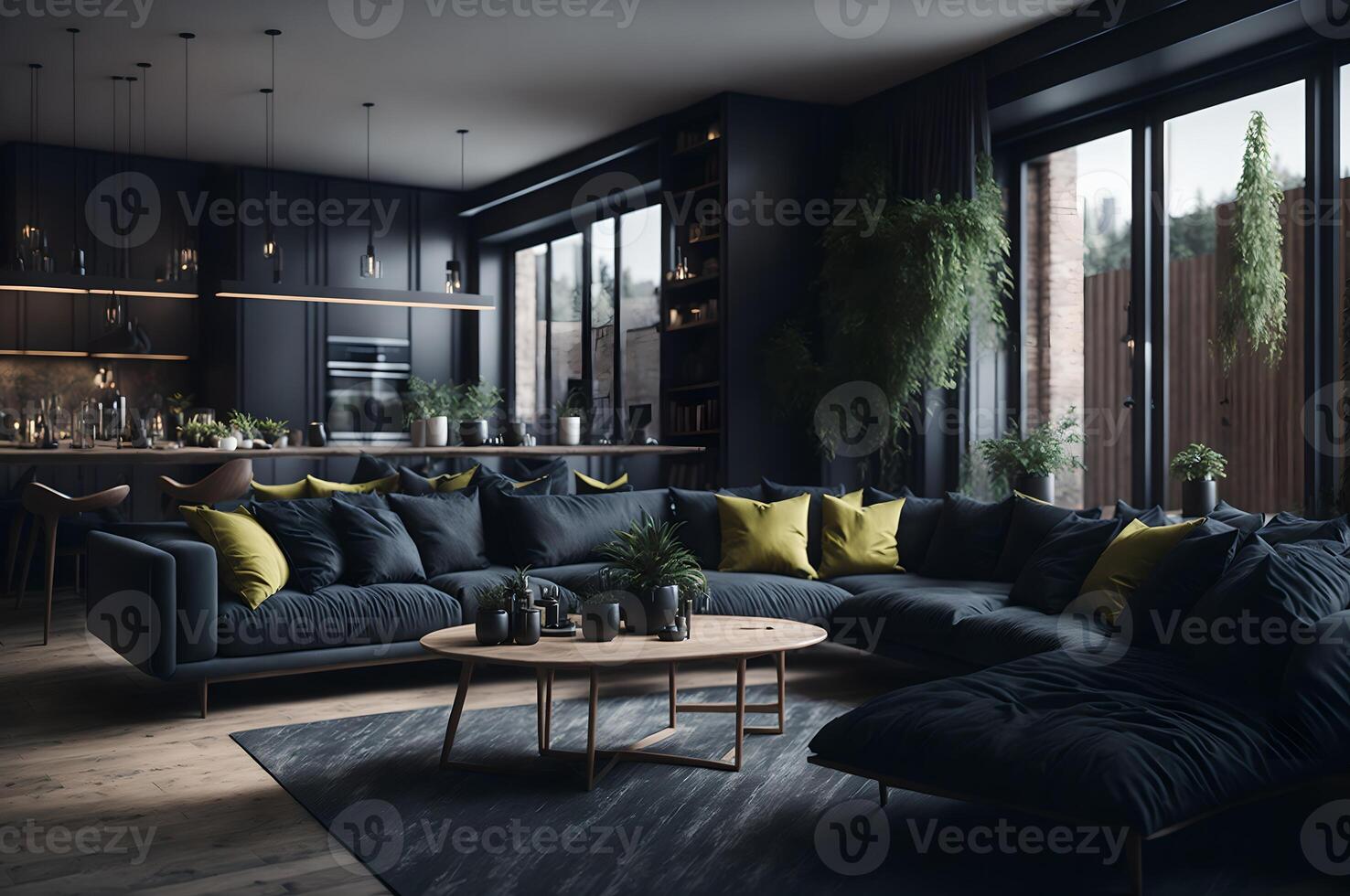 big living room in a fashion style, table rounded by a big blue sofa, planet in the house, interior furniture design , photo