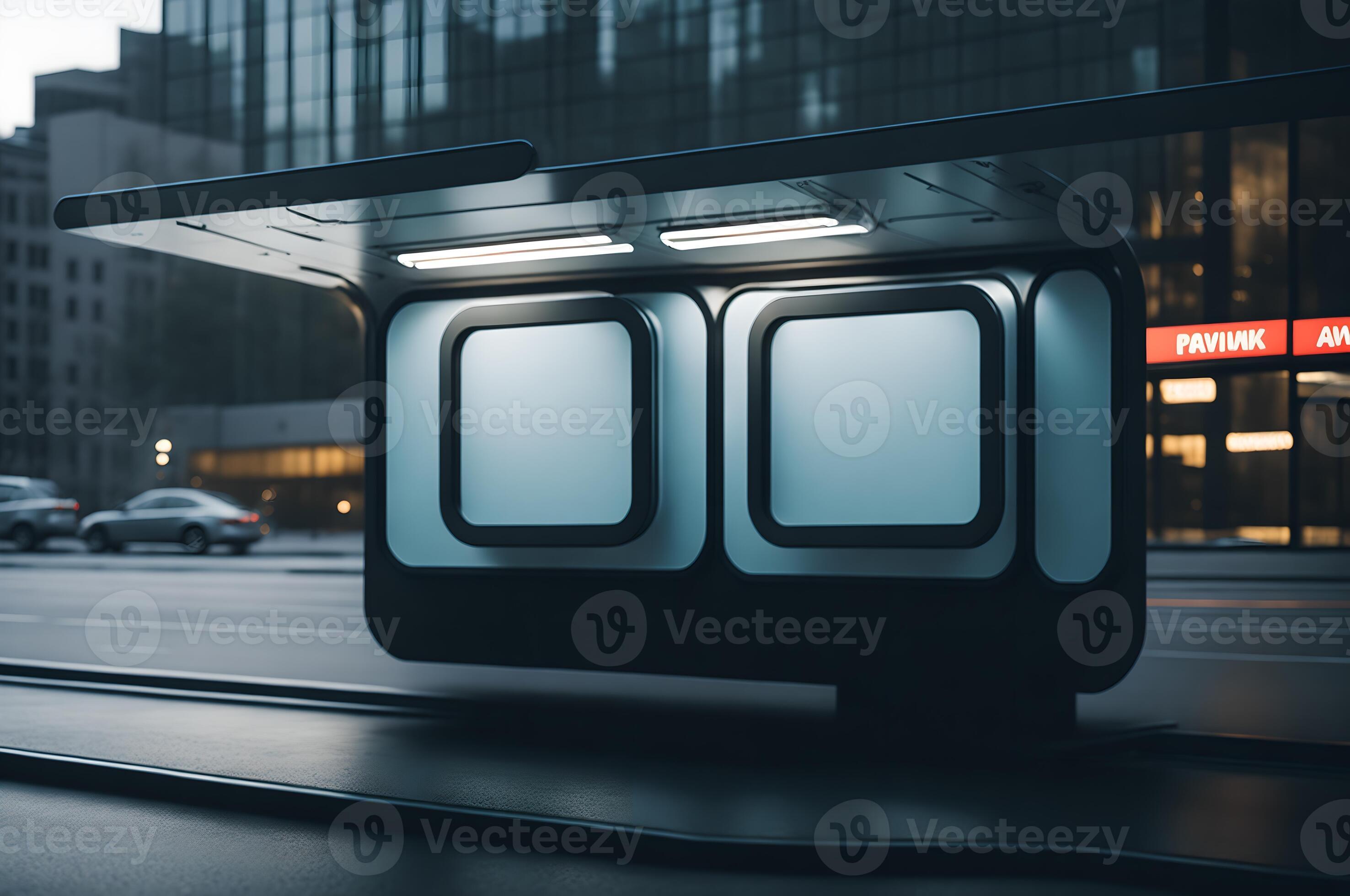 blank mockup light box for advertising above bus stop seats on the