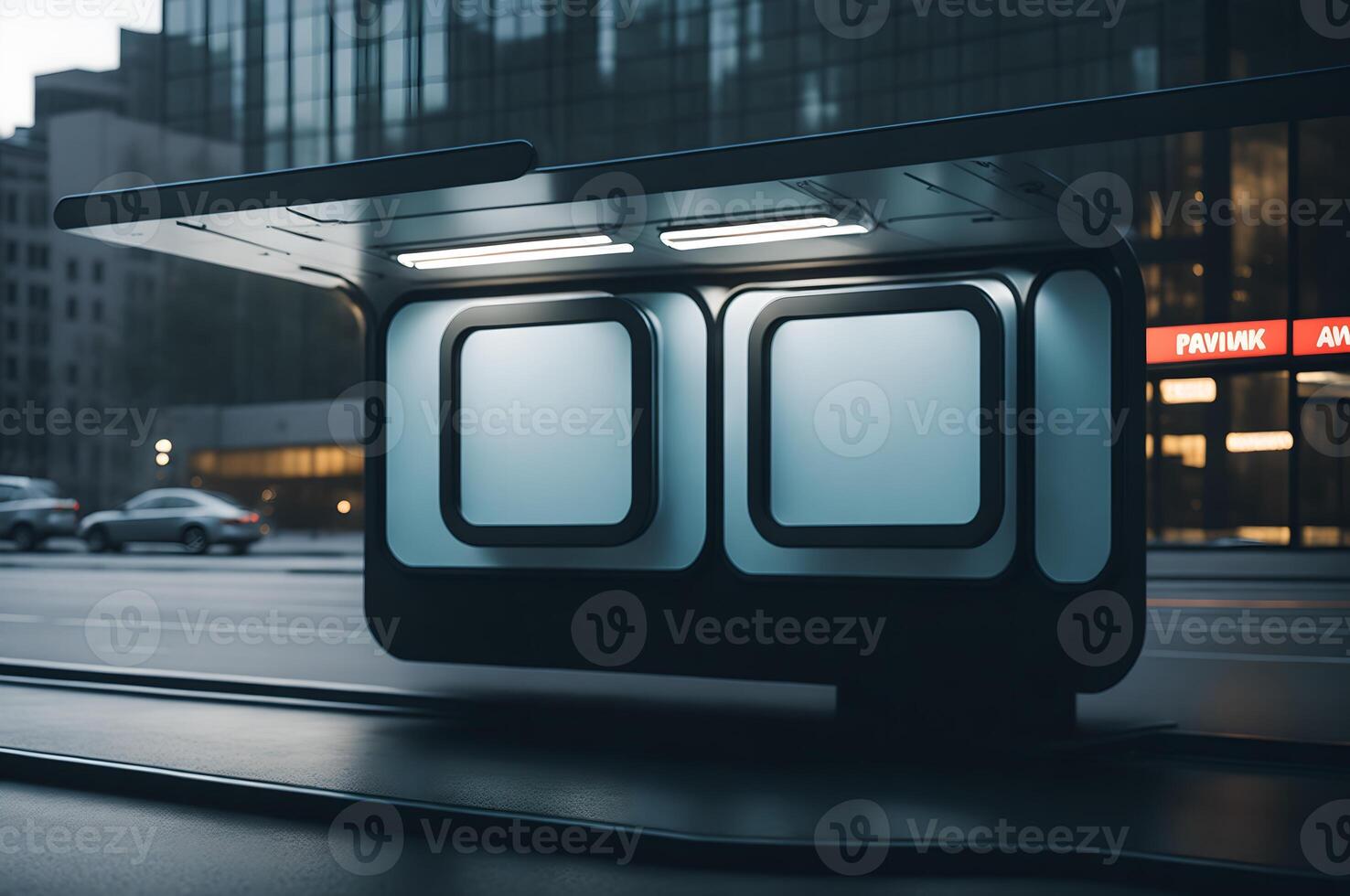 blanco Bosquejo ligero caja para publicidad encima autobús detener asientos en el calle, blanco pantalla cartelera ai generado foto