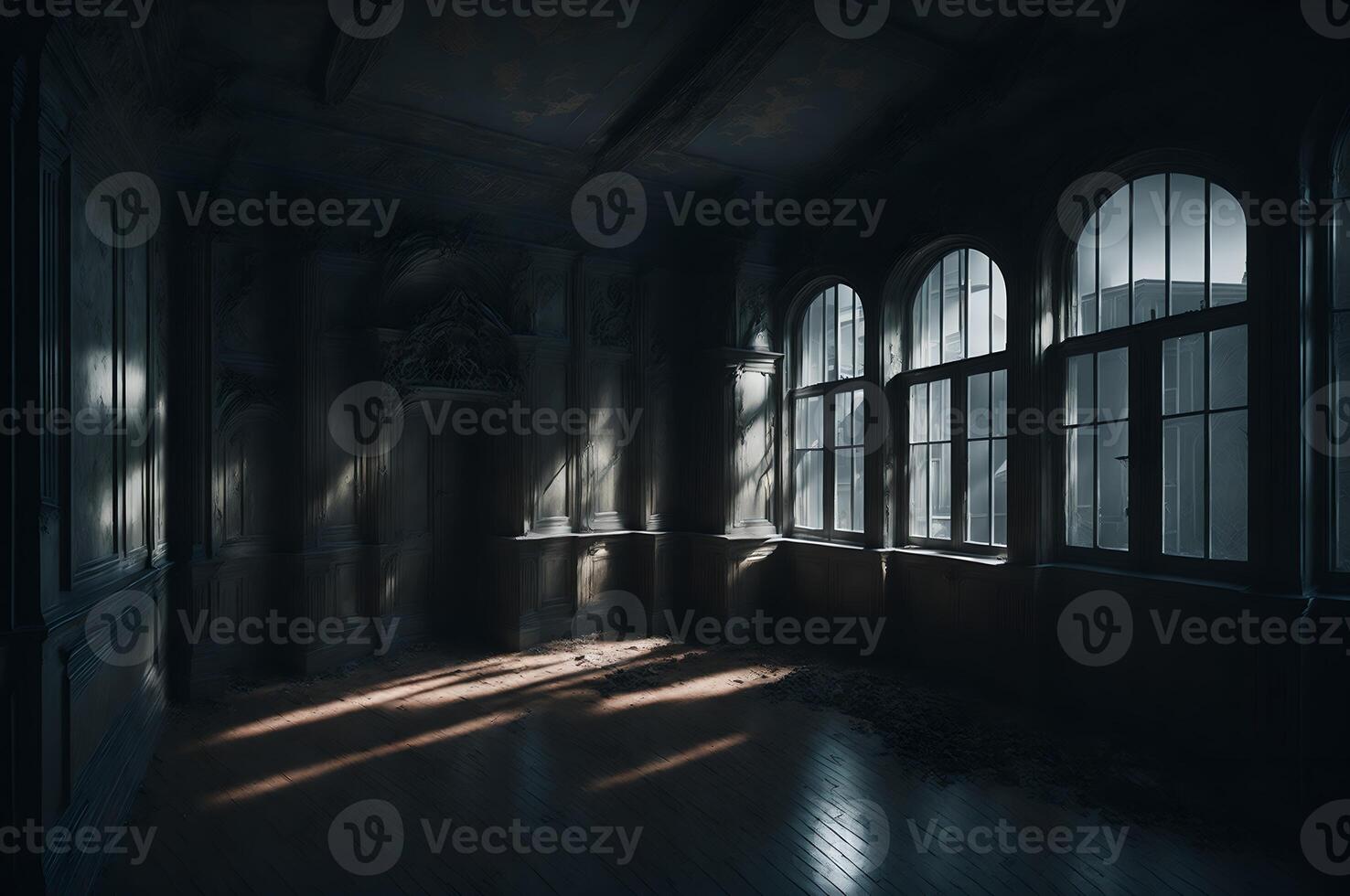 A haunted building from the inside, a terrifying view with darkness and dim lights, photo