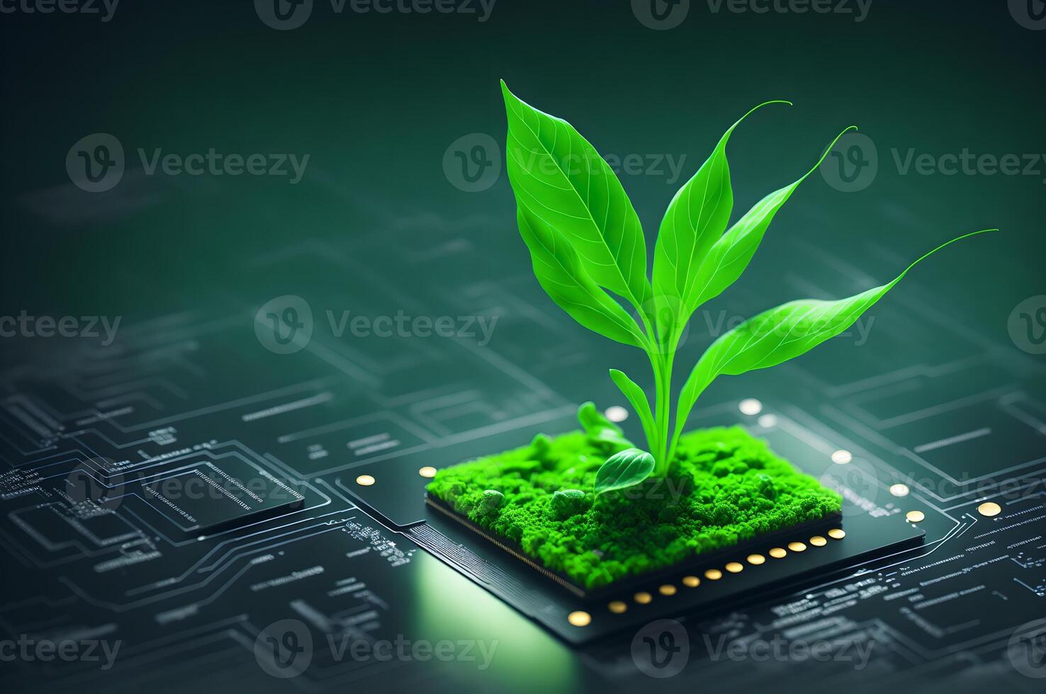 young plant growing on a CPU on a computer circuit board, creative concept, photo