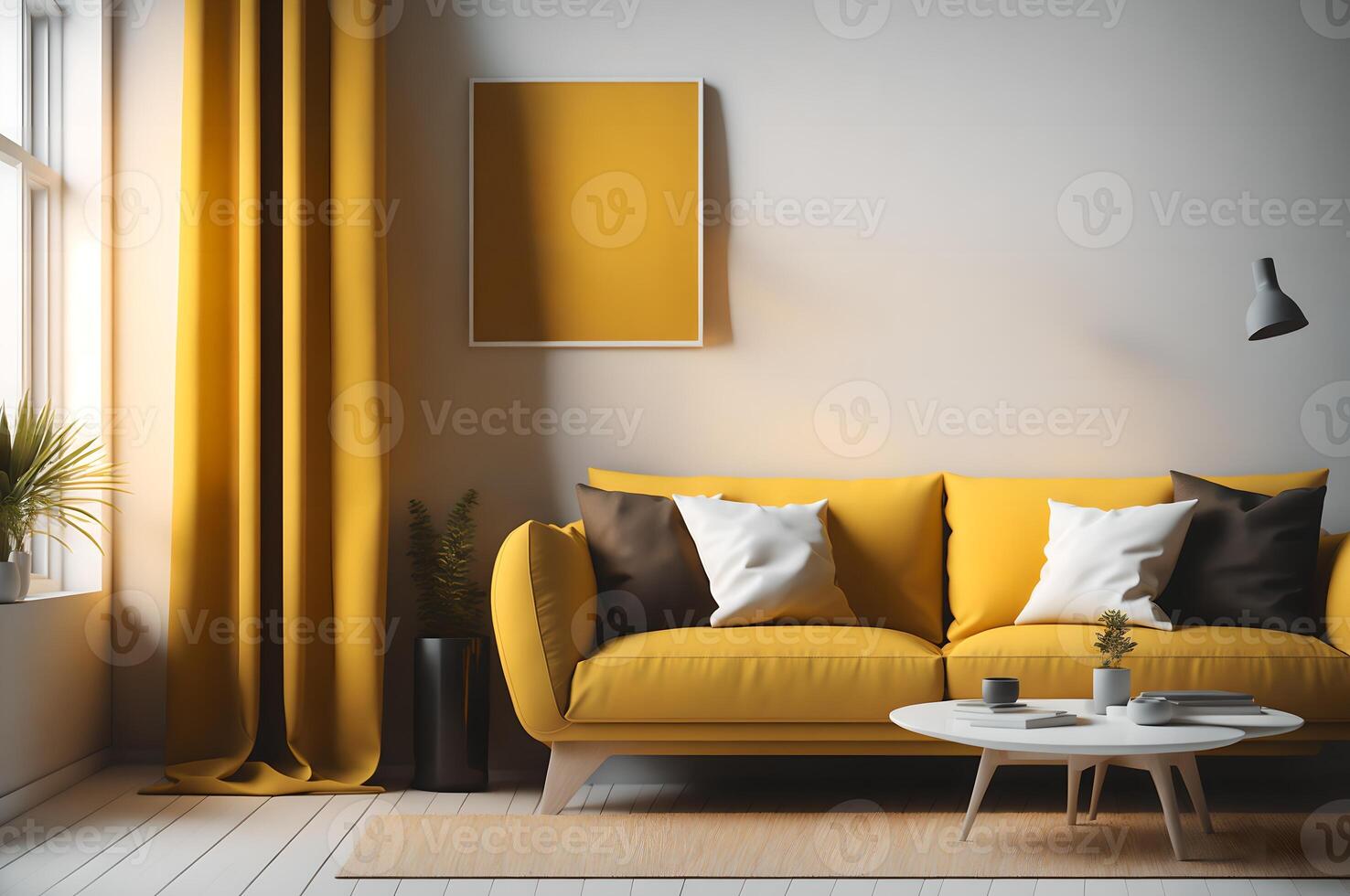 modern living room with yellow sofa, white wall and mockup and table background, photo