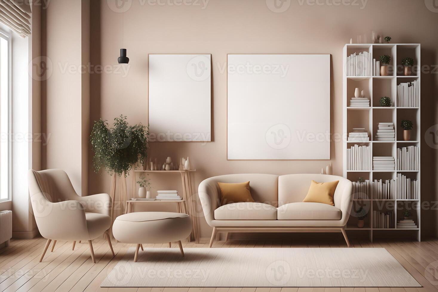beige room interior with two armchairs and sofa, wooden bookshelf with books and decoration, carpet and parquet floor. mockup blank copy space frame poster, 3d rendering, photo