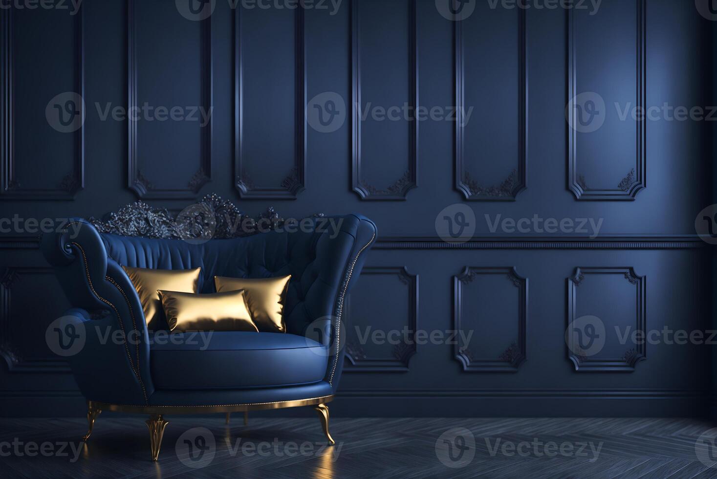 3D rendering of a dark blue living room interior with a cosy luxury armchair, photo