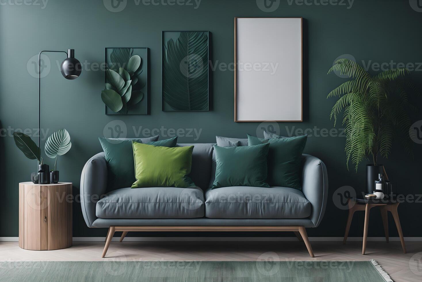 elegant living room interior design with mockup poster frame, modern grey sofa, wooden commode, folding screen and stylish accessories. eucalyptus green wall. template. copy space., photo