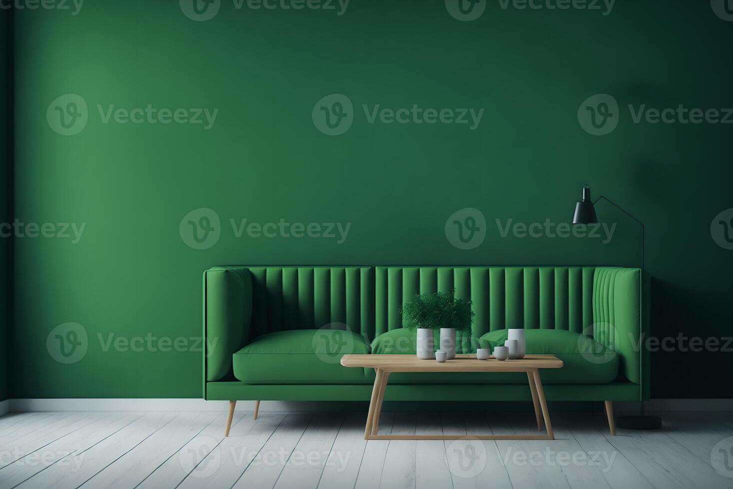 green sofa with table on green wall and wooden flooring.3d rendering, photo