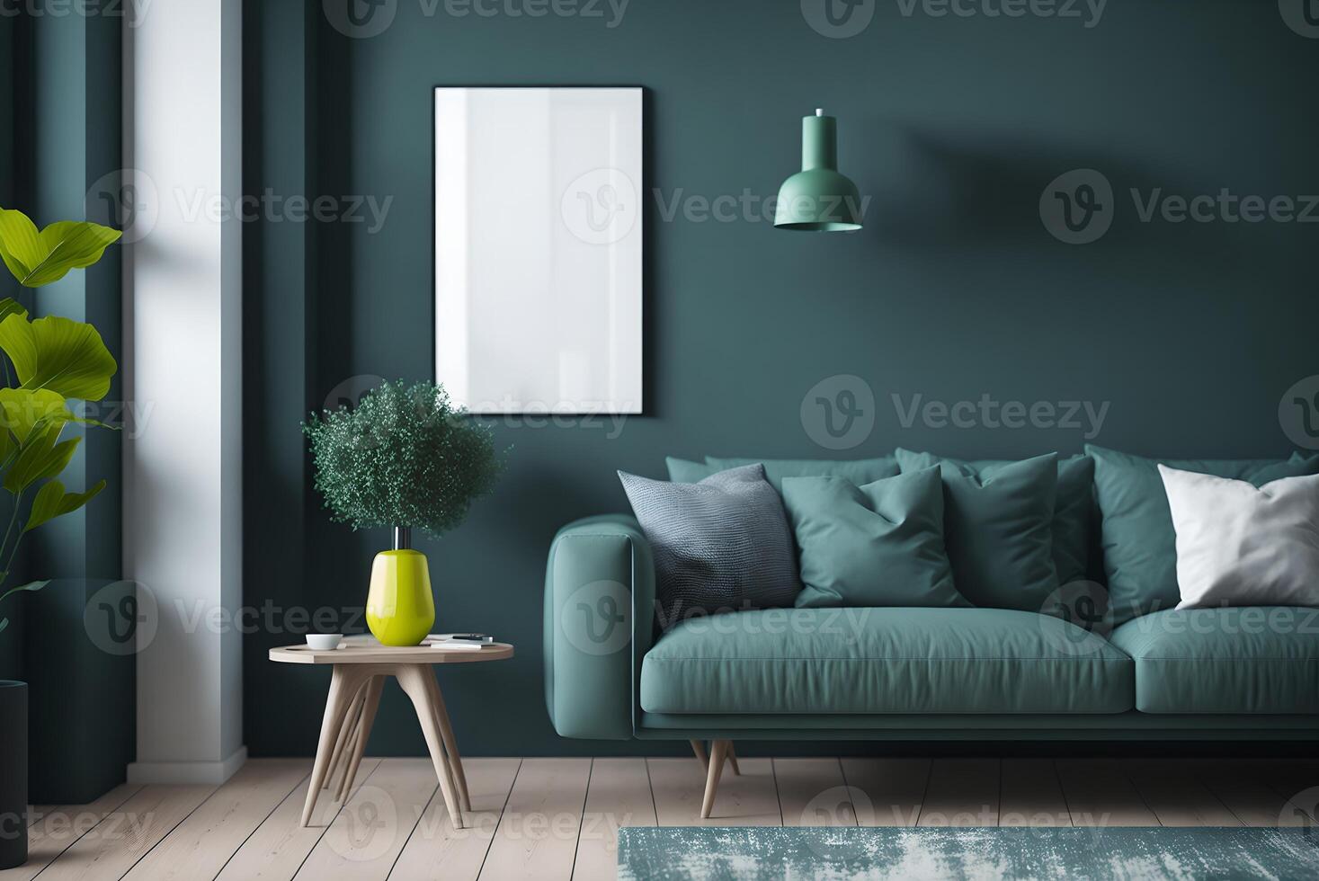 hogar interior Bosquejo con gris sofá, de madera piso lámpara y verde florero en brillante vivo habitación, 3d prestar, 3d ilustración, ai generado foto