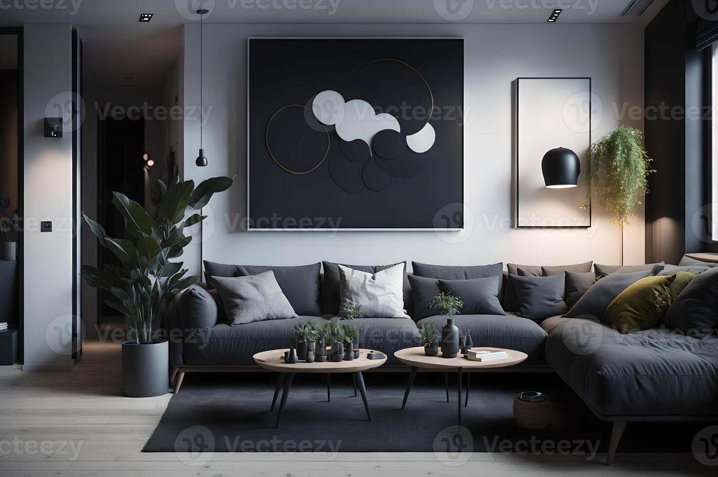 modern living room interior design with elegant gray sofa, pillows, floor, plants, wooden table, lamp, and great design tableau, photo