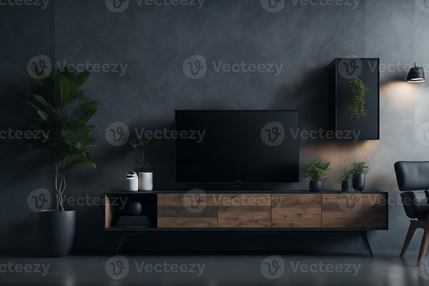 , cabinet tv in contemporary living room with chair, light, table, flower, and plant on background of concrete wall photo