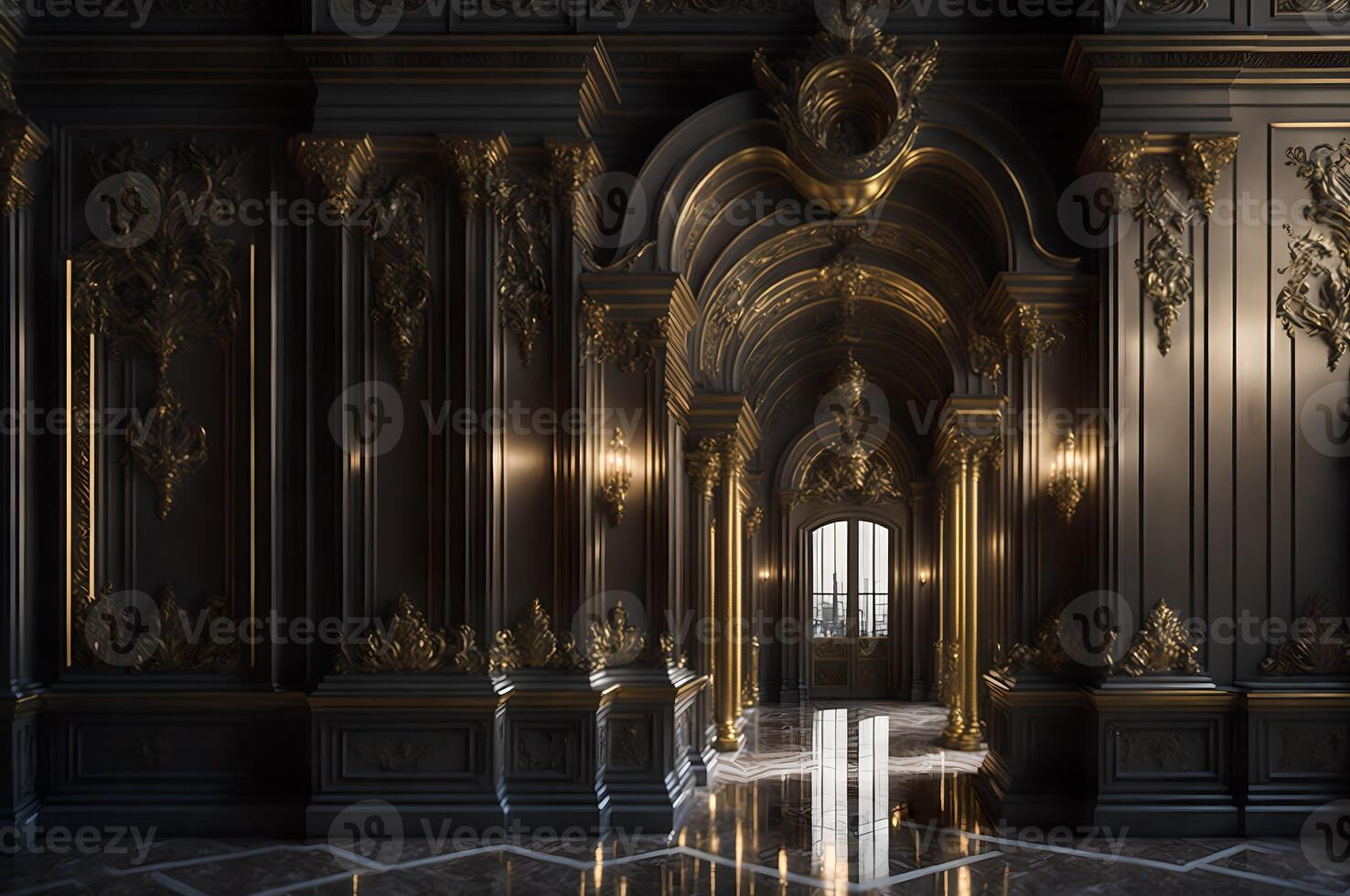 gold and black baroque style portal of a palace, columns interior palace design, photo