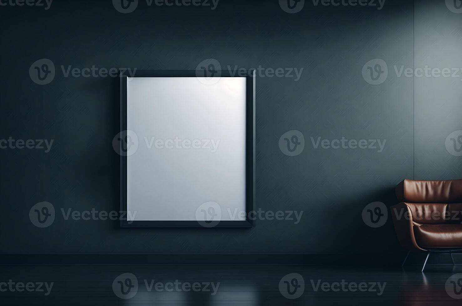 blank vertical frame billboard for advertising, mockup template on dark wall with light and leather armchair, photo