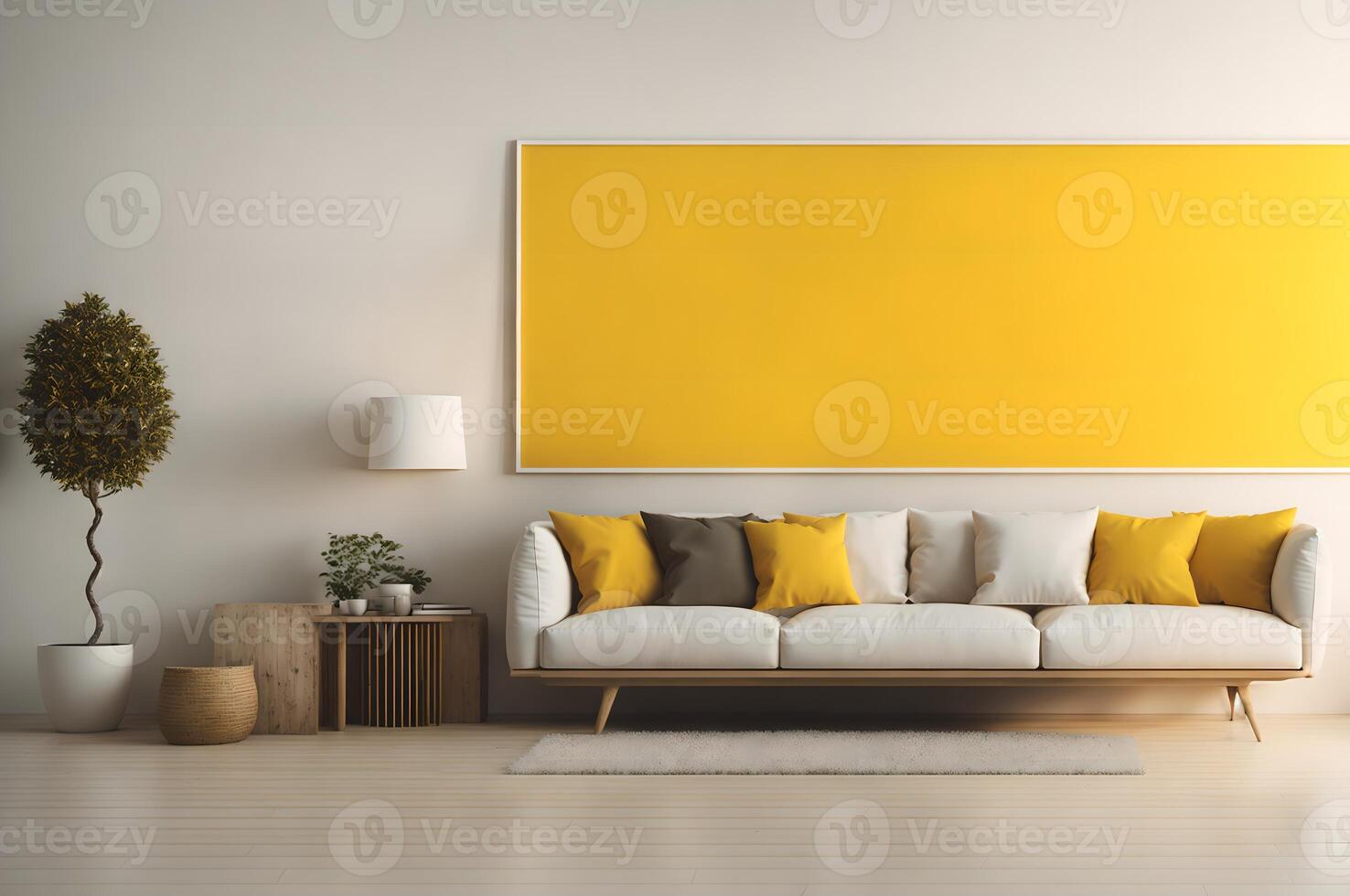 modern living room with white sofa, yellow wall and mockup and table background, photo