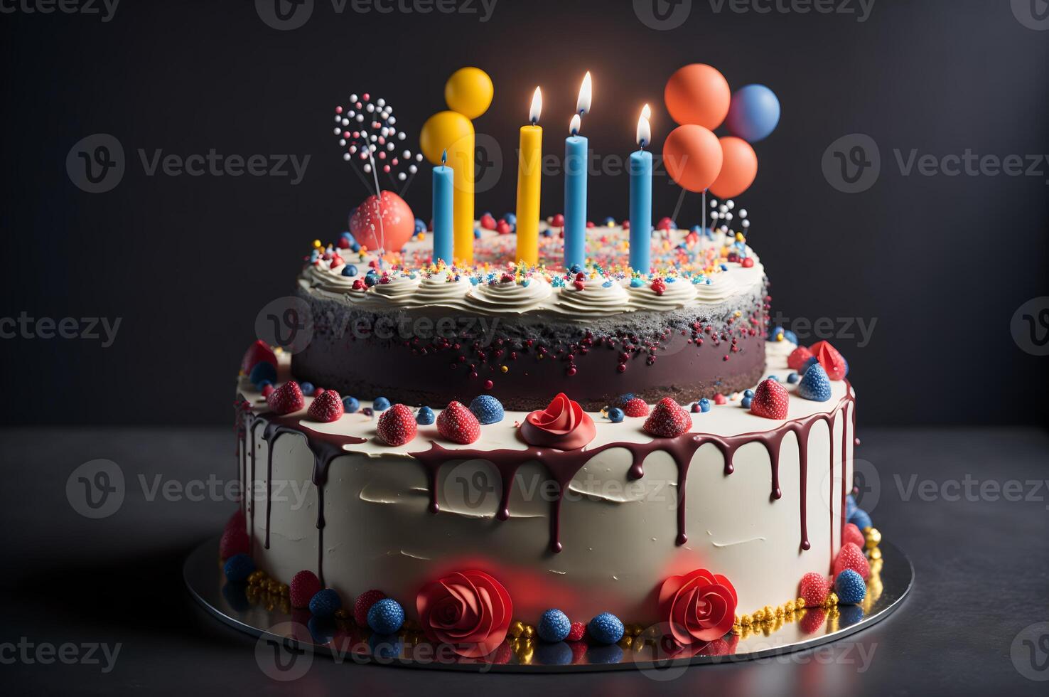 birthday cake with candles and flowers and a lot of decorations, celebration concept, photo