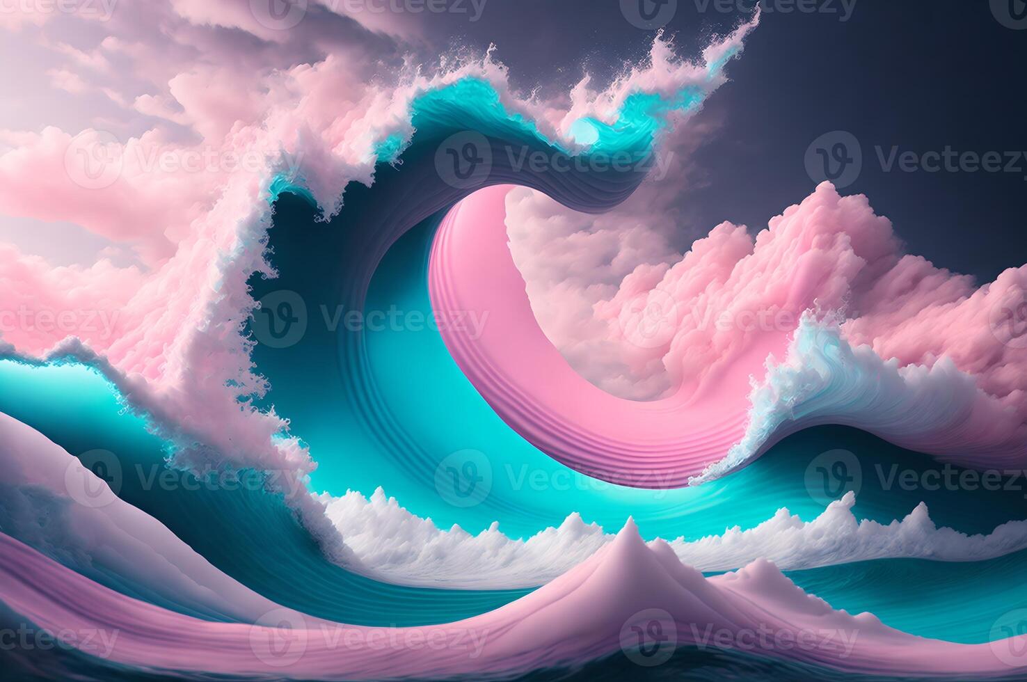 big waves of water in the sea in pastel palettes. cloud, wave, and cloud in blue and pink colors landscape, photo