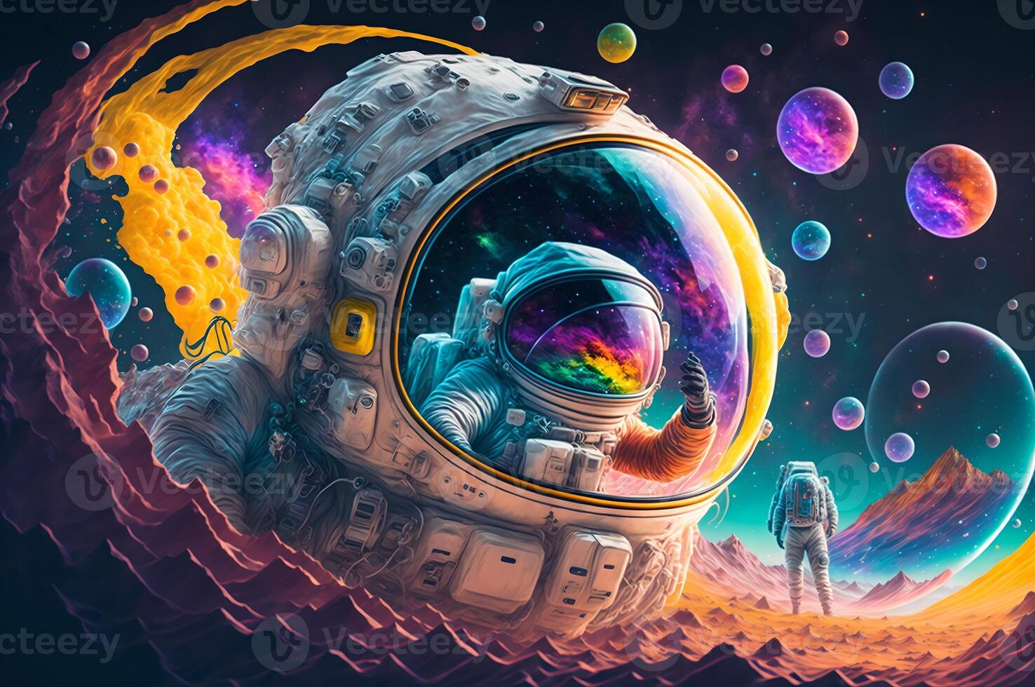 colourful astronaut around bubbles like planets in space, colorful illustration pop art, photo