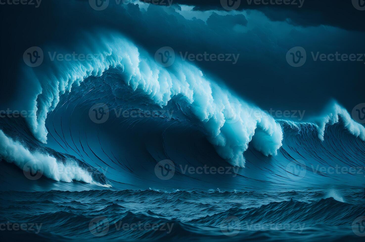 un grande tormenta en el océano, un profundo azul escena de un grande ola en el mar, ai generado foto