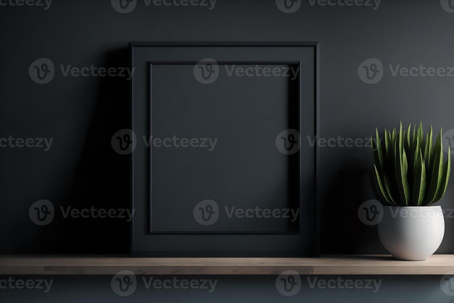 Mockup frame on a cabinet in a living room interior on an empty dark wall background, 3D rendering, photo