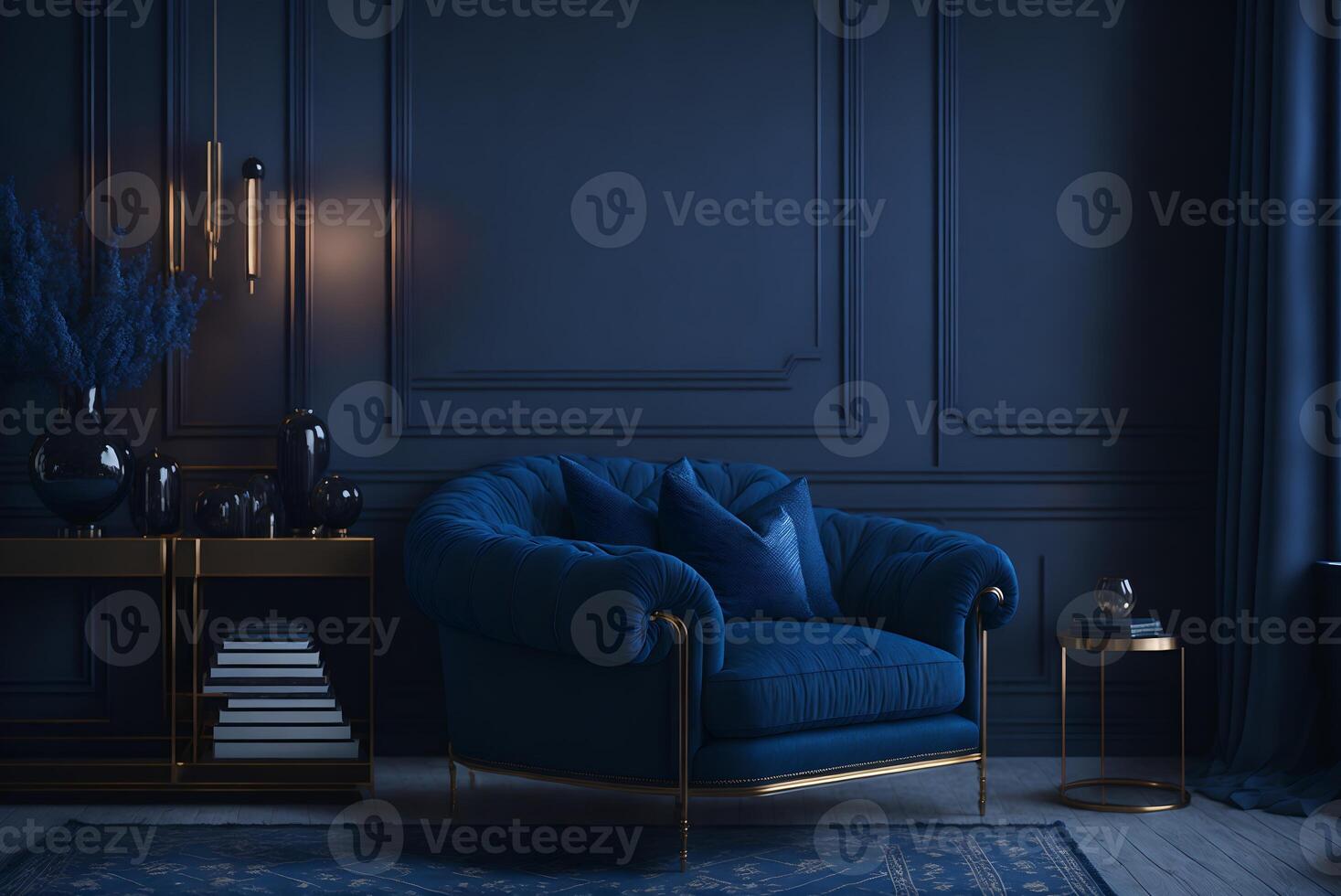 3D rendering of a dark blue living room interior with a cosy luxury armchair, photo