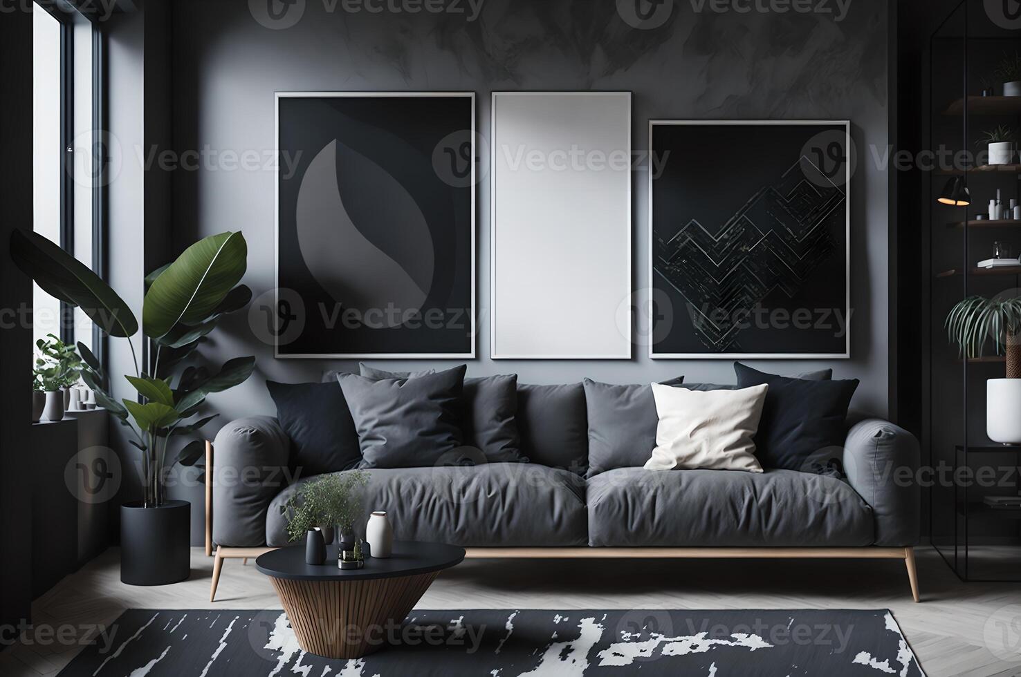 moderno vivo habitación interior diseño con elegante gris sofá, almohadas, piso, plantas, de madera mesa, lámpara, y genial diseño cuadro, ai generado foto