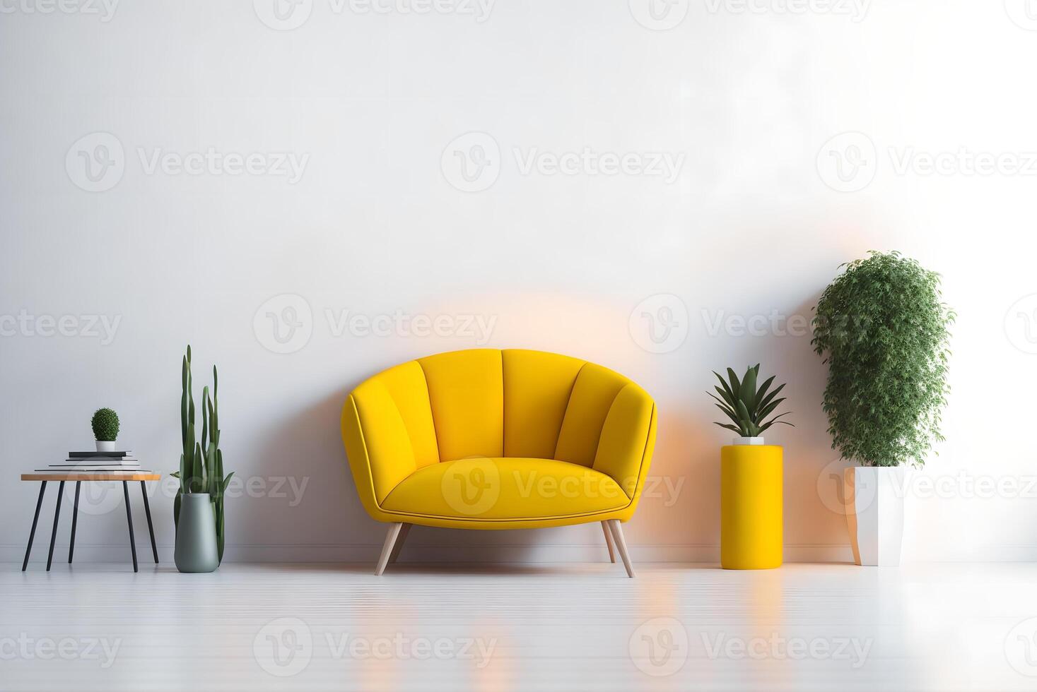 el interior tiene un amarillo Sillón en vacío blanco pared fondo, 3d representación, ai generado foto