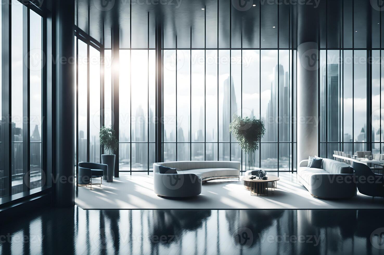 luxury white reception in a business office in a skyscraper with glass big window that shows other building, chairs and table interior design, furniture decoration, photo