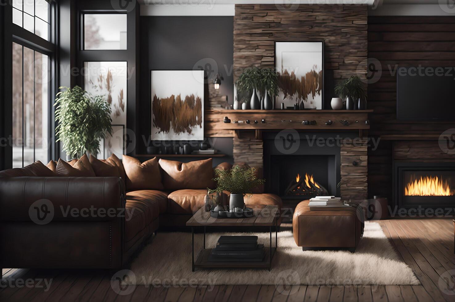 luxury living room with a brown leather sofa and armchair with a fireplace and young tree, photo