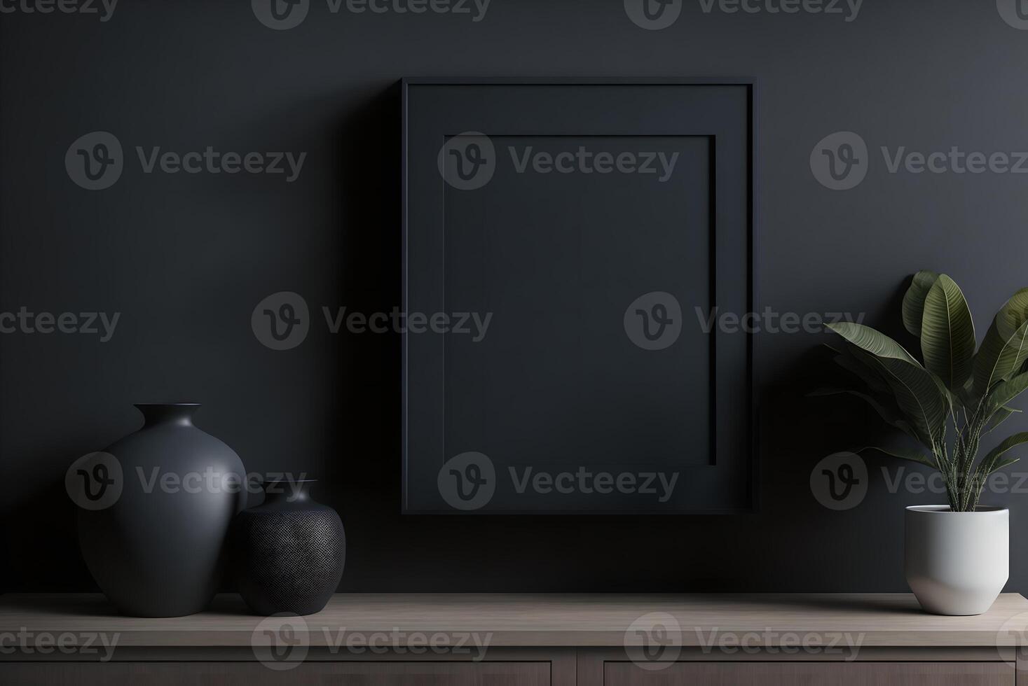 Bosquejo marco en un gabinete en un vivo habitación interior en un vacío oscuro pared fondo, 3d representación, ai generado foto