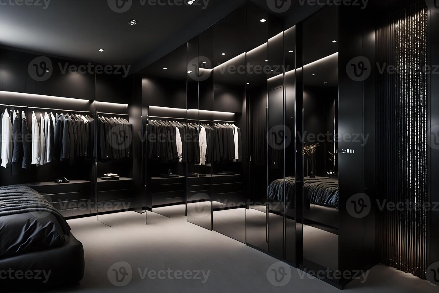 Elegant bedroom with walk in wardrobe hidden behind a sleek black and mirrored wall, photo