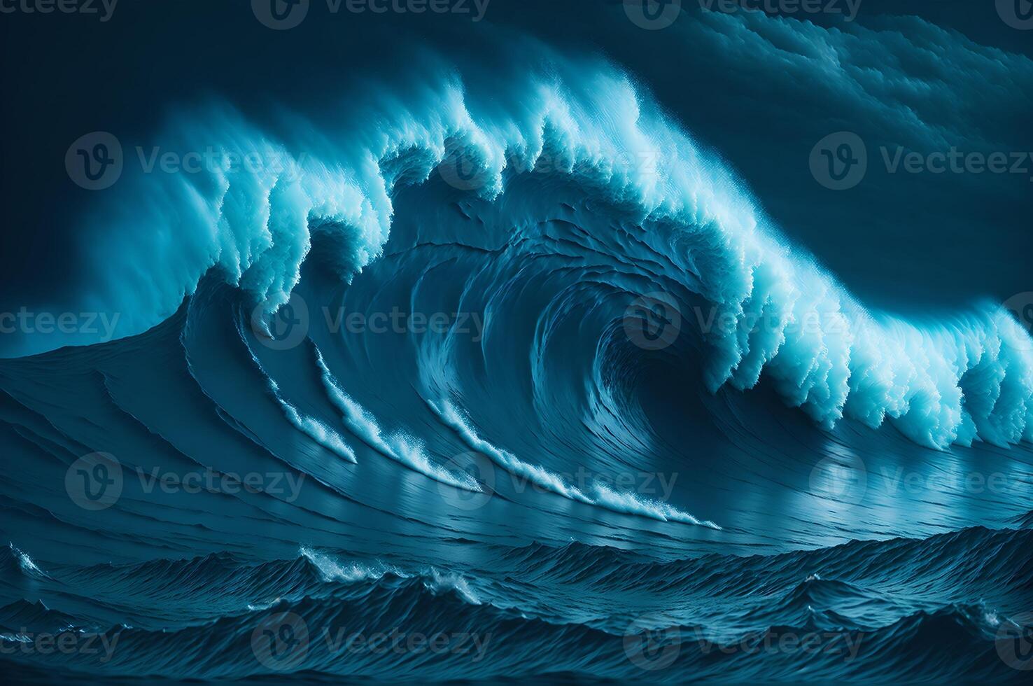 un grande tormenta en el océano, un profundo azul escena de un grande ola en el mar, ai generado foto