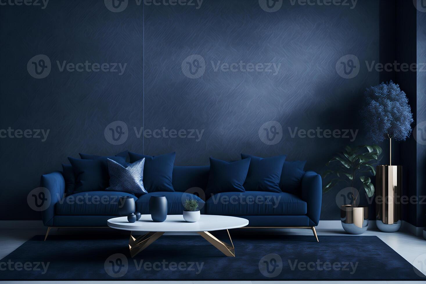 moderno vivo habitación burlarse de arriba con oscuro azul sofá, sillones cerca café mesa, moderno alfombra, piso lámpara y vacío gris muro, lujo vivo habitación interior fondo, 3d representación, ai generado foto