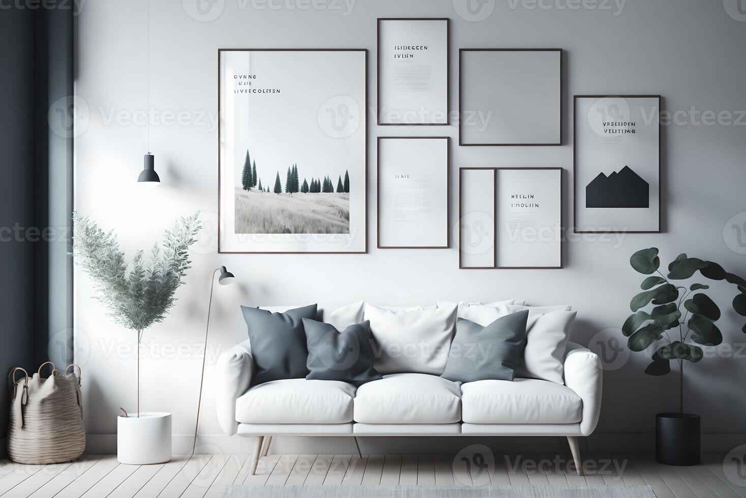 scandinavian farmhouse living room interior, wall mockup, 3d render, photo