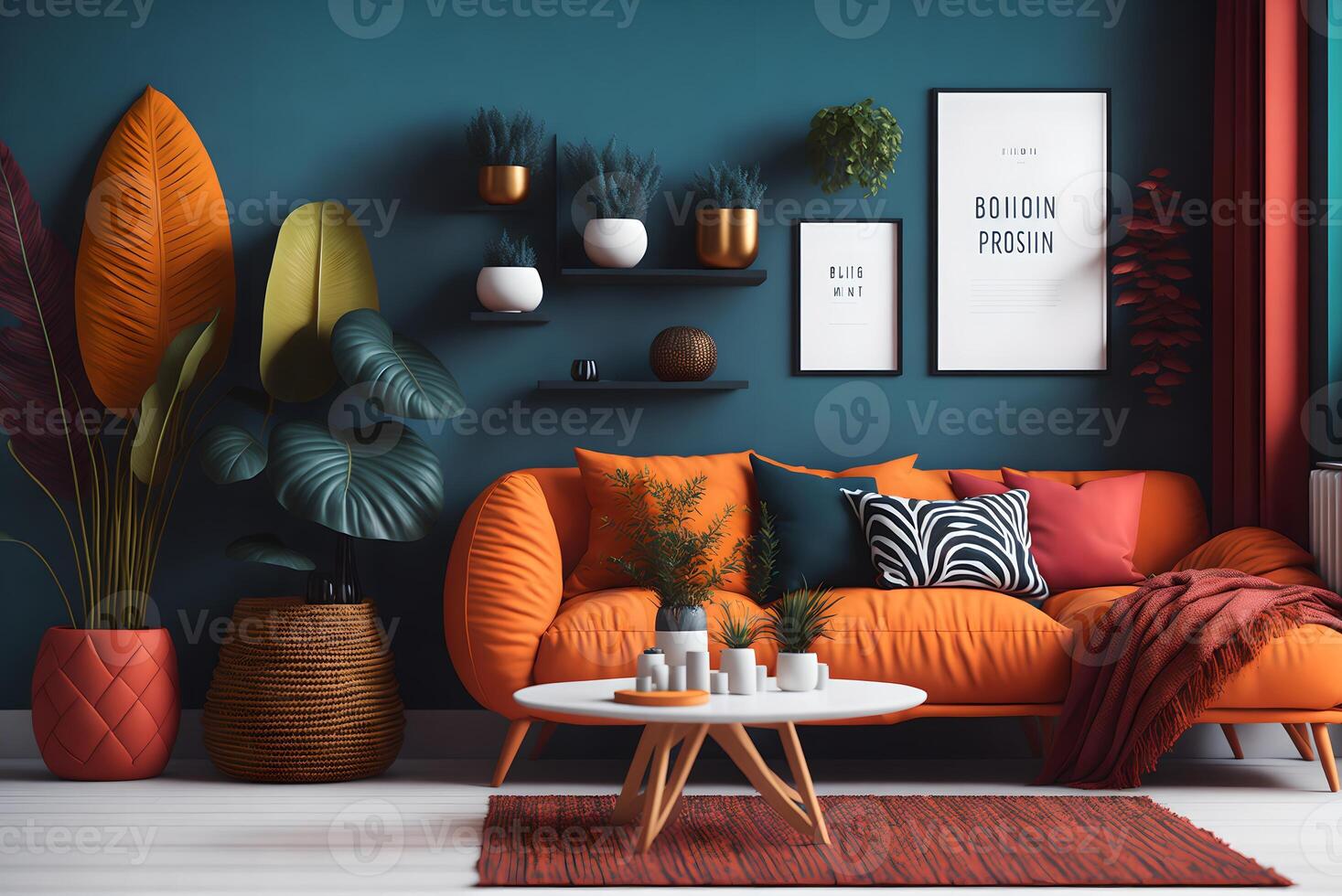 3d render, 3d illustration, , boho cosy living room design photo