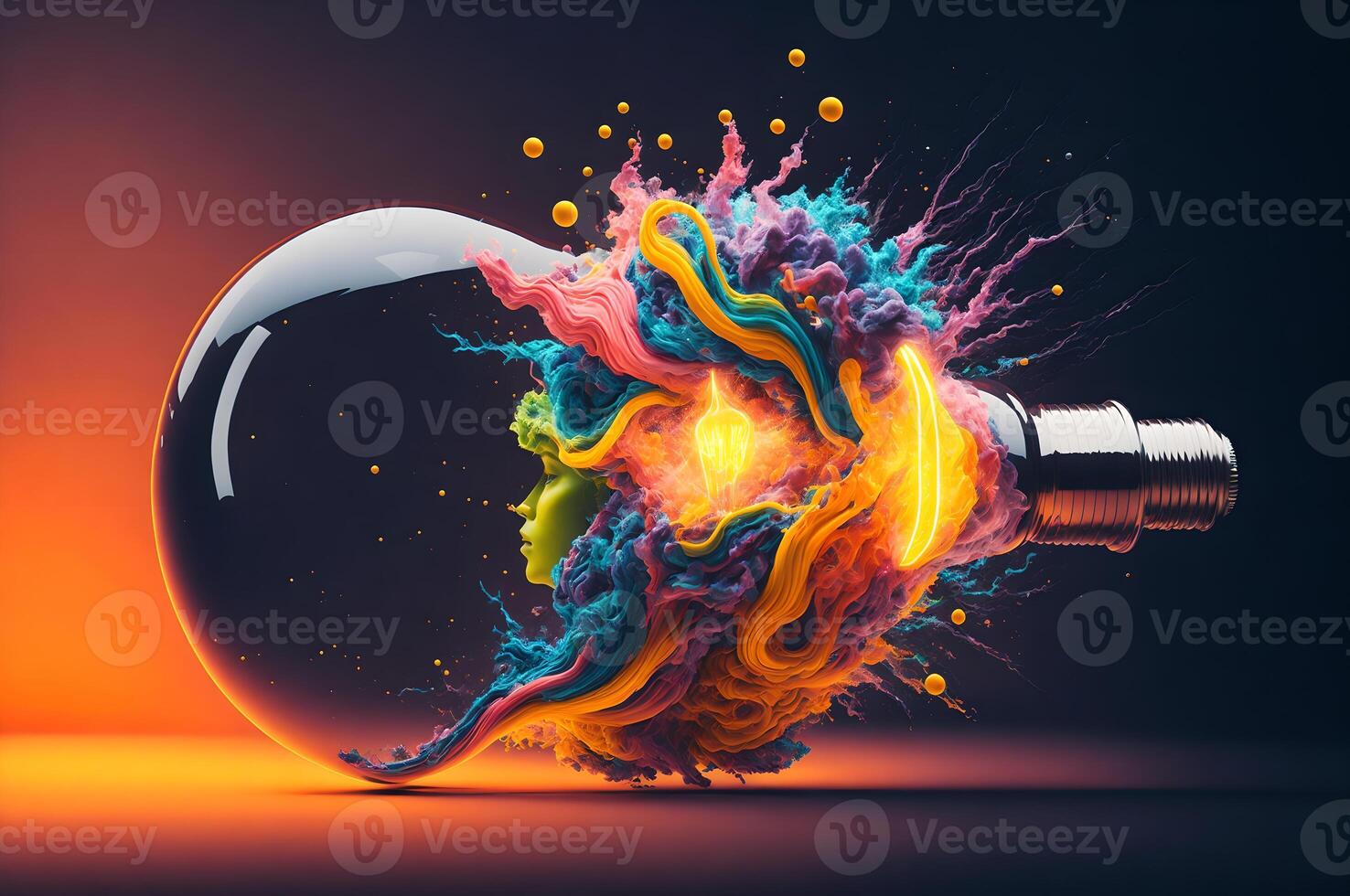 An explosion of colors from a light bulb, creative concept, smart and beautiful idea, photo