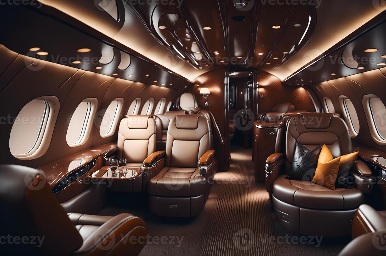 interior of a luxurious plane with leather seats and windows, photo