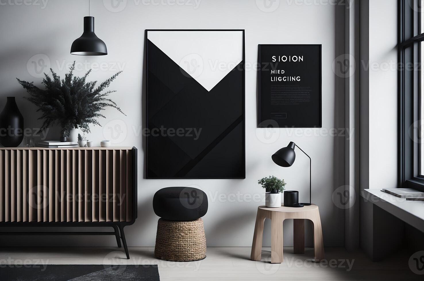 wall decoration interior, mockup for tableaus, chair, lamp, and table, generate ai photo