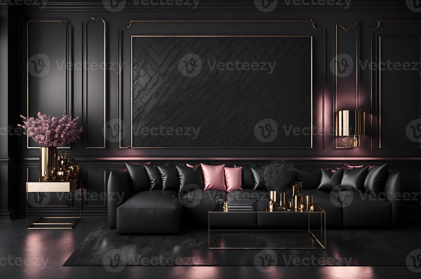 large living room in a dark style, black sofa, rose pink pillows, and gold table on a black wall and rose plants with rose light, photo